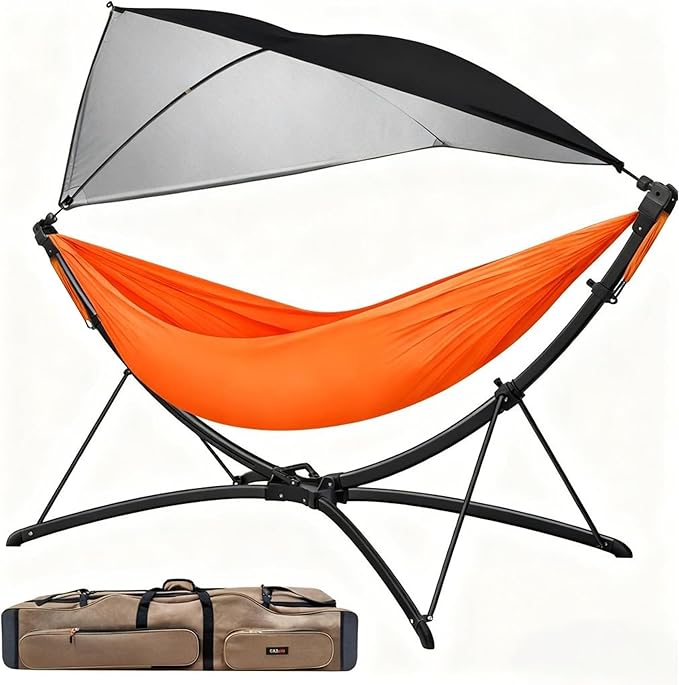Portable Outdoor Hammock with Quick-Fold Stand and Adjustable Sunshade for Ultimate Relaxation in Gardens, Camping, and Beach Settings - Spacious Design with Storage Bag Included