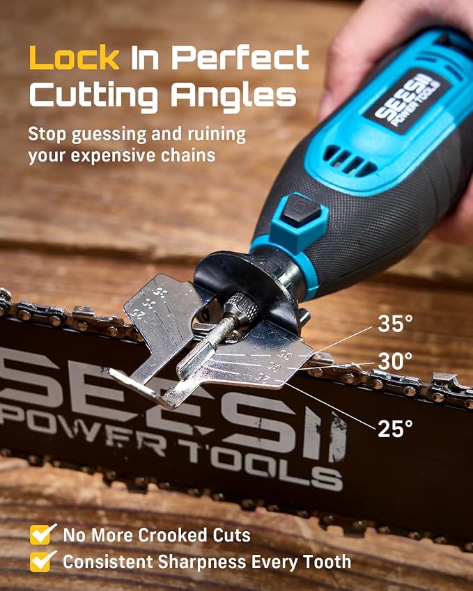 SEESII Electric Chainsaw Sharpener Kit, 35000RPM, 6 Upgraded Diamond Bits | Includes 5/32'', 3/16'', 7/32'' Grinding Bits, Fast Chain Sharpening,Stable Collet Locking System,Suitable for Chainsaw Chain