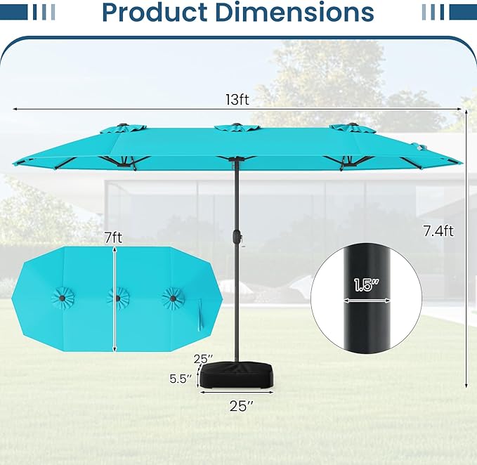 Tangkula 13FT Double-Sided Solar Patio Umbrella, Extra-Large Outdoor Twin Umbrella with 36 LED Lights, Vented Top, Crank Handle, 12 Ribs, Weighted Base Included for Backyard Poolside Deck (Turquoise)