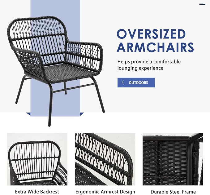 EROMMY 3-Piece Patio Conversation Bistro Set, Outdoor All-Weather Wicker Balcony Furniture with Tempered Glass Top Table & 2 Wide Ergonomic Armchairs, Seat Cushions for Porch Backyard, Black