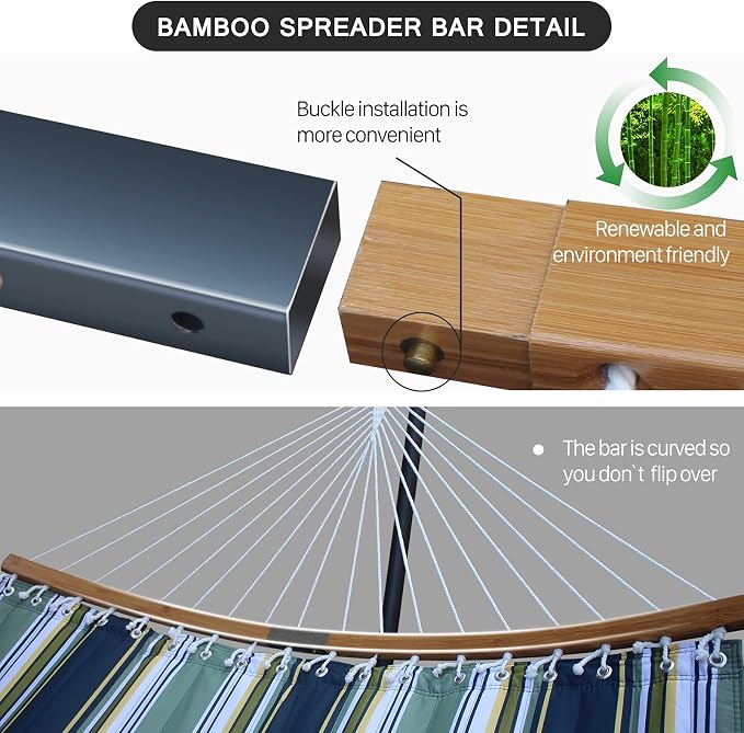 Hammock with 12.8 Feet Stand & Curved Bamboo Spreader Bar Double Hammocks 2 Person Heavy Duty Max 450lbs Capacity, Navy Blue&Aqua