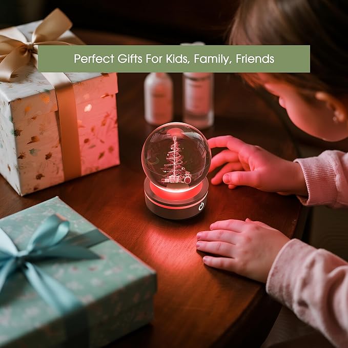L LOHAS LED 3D Crystal Ball Night Light-Laser Engraved Christmas Tree with Silver Base, RGB 4-Color Changing Touch Control Night Light,USB Plug-in & Battery Powered,as a Gift for Girls & Wife