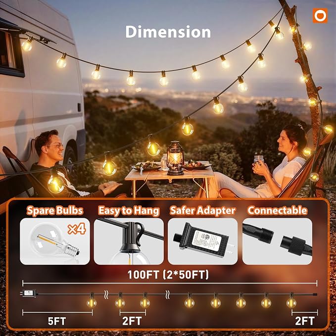 addlon Outdoor String Lights 100FT G40 with Remote 54 LED Shatterproof Bulb | Dimmable Patio Globe Lights Waterproof, Hanging Outside Lighting for Backyard, Garden, Deck, Balcony, Porch, Café, Decor