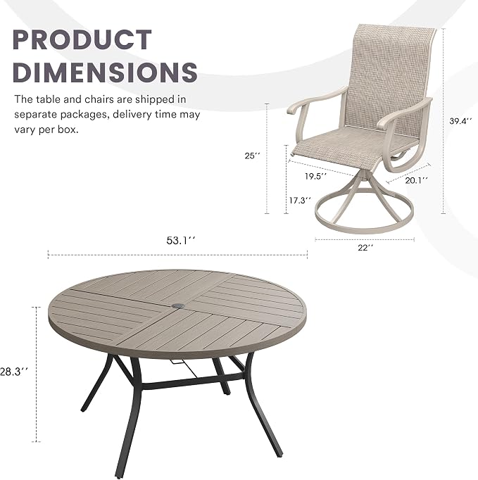 7 Pieces Patio Furniture Dining Set, 6 Textilene Swivel Dining Chairs, 53" Outdoor Round Metal Table with 1.57" Umbrella Hole, Outdoor Dining Set for Porch, Lawn, Garden, Grey/Sand