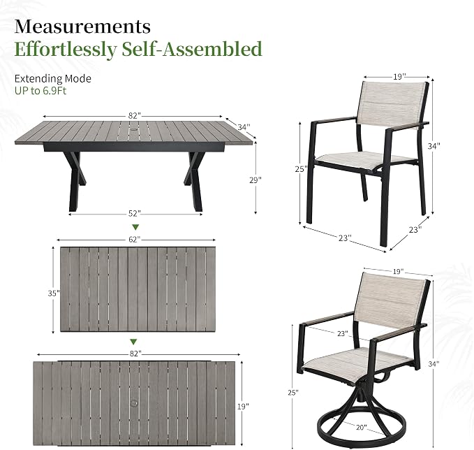 Outdoor Dining Set, 9 Piece Expandable Dining Table and Patio Swivel Chairs Set, Aluminum Patio Furniture Set for Table with Umbrella Hole and 8 Chairs for Patio, Garden, Lawn, Deck(Grey)