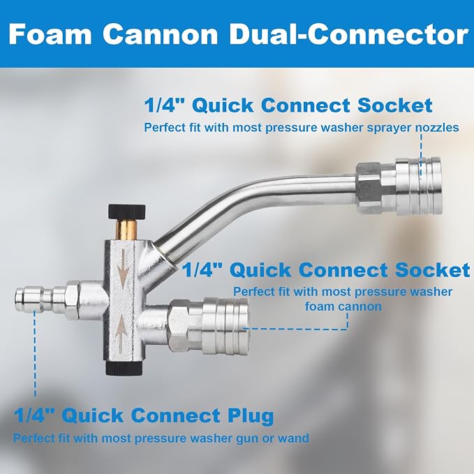 DUSICHIN Foam Cannon Snow Foam Lance Dual Ended Shift Valve For Pressure Washer, 5 Nozzle Tip Holder Dual Connector Wide Mouth Soap Cannon 5 Power Washer Sprayer Nozzles 1/4" Quick Connect Soap Cannon