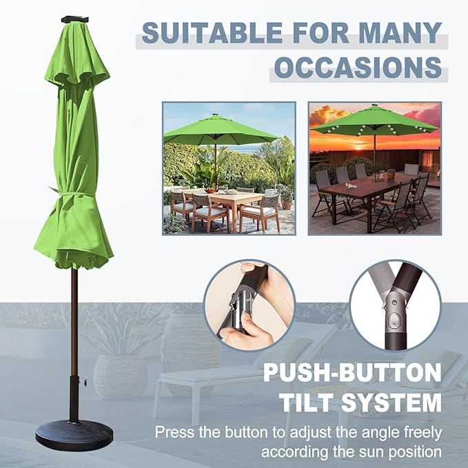 EliteShade USA 10-Year-Non-Fading 10ft Market Patio Umbrella, Commercial Grade Table Sun Umbrella with 80 Solar LED Lights, Crank Open, Windproof & UPF 50+ UV Protection for Garden, Deck, Pool, Backyard, Macaw Green