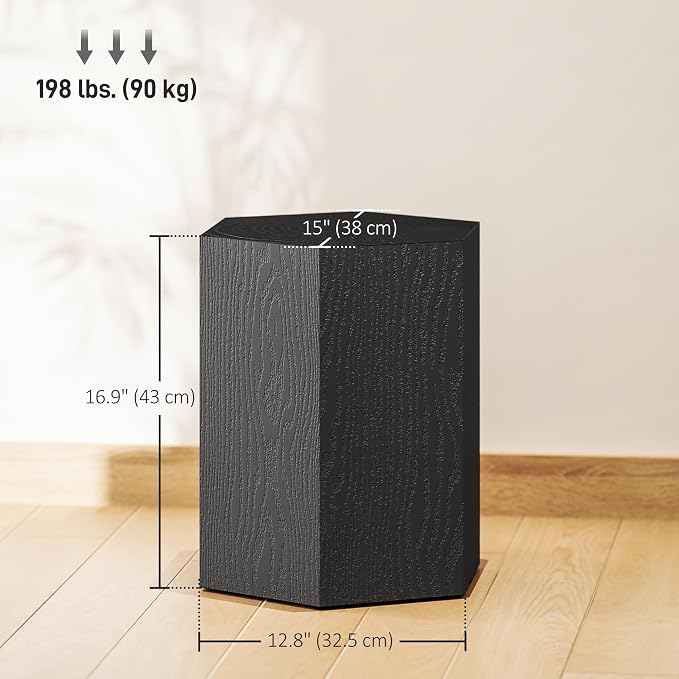 HOMCOM Concrete Finish Side Table, Lightweight Accent Table, 17" Patio Hexagonal Stump End Table with 4 Adjustable Feet for Indoor, Outdoor, Black Wood Grain