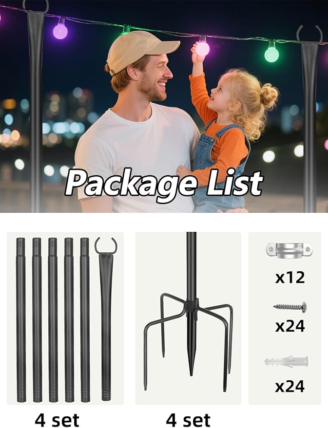 String Light Poles for Outside 4 Pack, 10ft Metal Outdoor String Light Poles for Deck - Ideal for Patio, Garden, Yard, Front Porch Decorations, Black