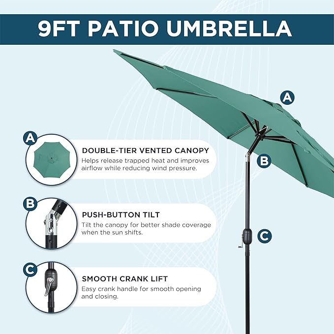 9FT Outdoor Patio Umbrella with Push Button Tilt and Crank, Market Umbrella, 8 Heavy-Duty Ribs, Outdoor Table Umbrella for Garden, Deck, Poolside & Backyard