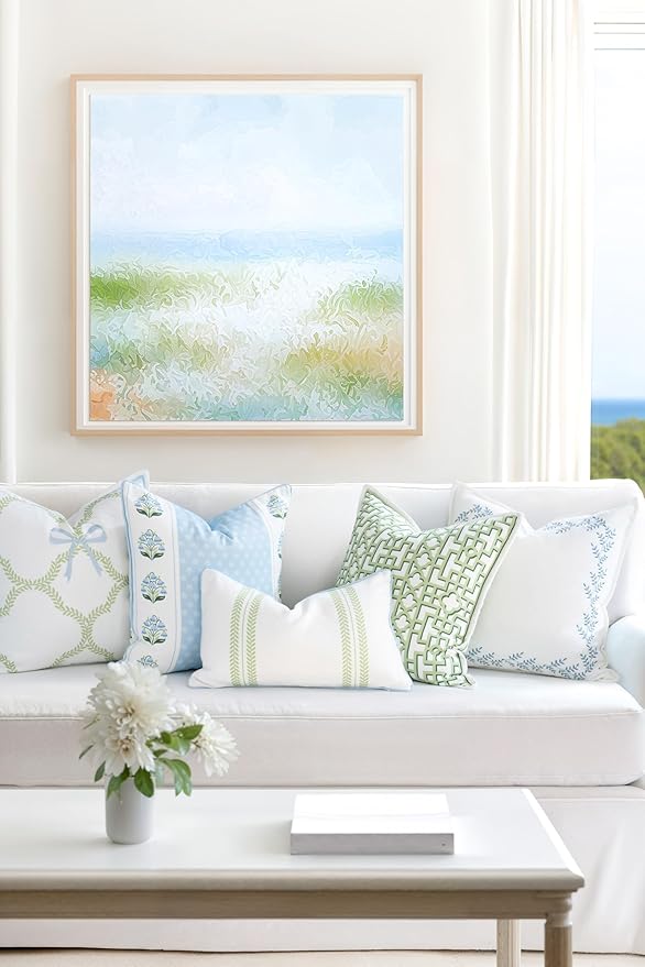 Hofdeco Premium Grandmillennial Coastal Hampton Patio Indoor Outdoor Lumbar Pillow Cover Only, 12"x20" Water Repellent for Backyard, Couch, Poolside, Grass Green Baby Blue Print Leaf Striped