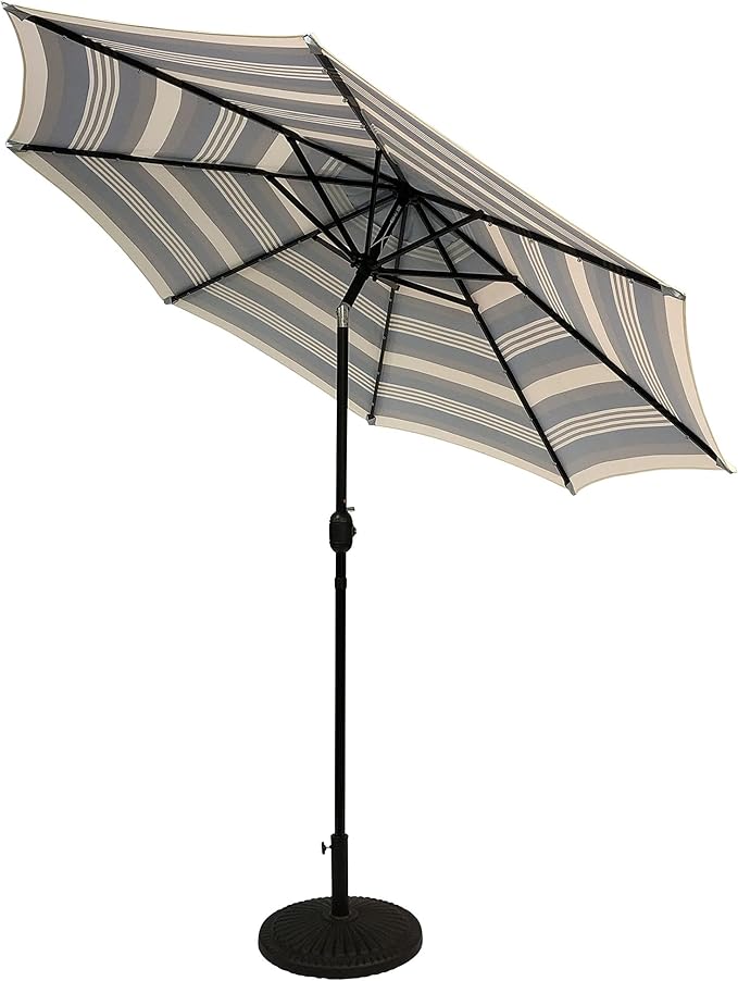 9' Round Patio Umbrella with 32 Solar Powered LED Lights, Push-Button Tilt and Hand Crank Lift, Solar Lighted Umbrella in Navy Stripe for Patio, Porch, and Backyard by Sun-Ray