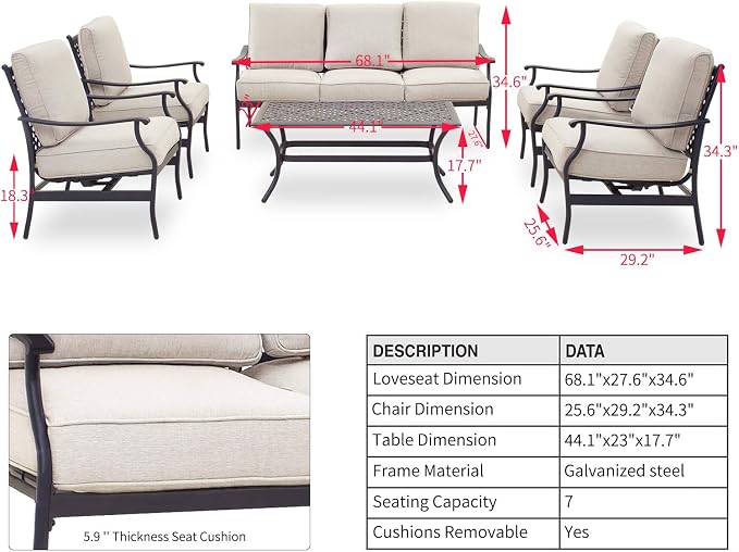 Patio Conversation Set Cushioned Outdoor Furniture Sets with All Weather Galvanized Steel Frame (6 Pcs, Beige)