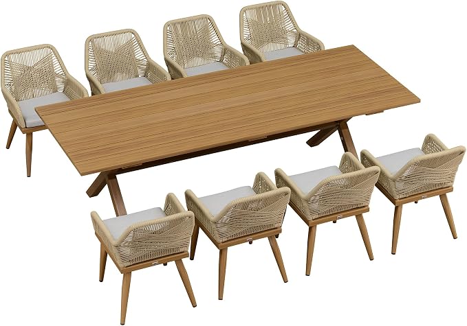 PURPLE LEAF 9 Pieces Outdoor Dining Set All-Weather PE Rattan Outdoor Patio Furniture Set with All Aluminum Frame Rectangular Table and Chairs Set for 8 People Lawn Garden Backyard Deck, Teak