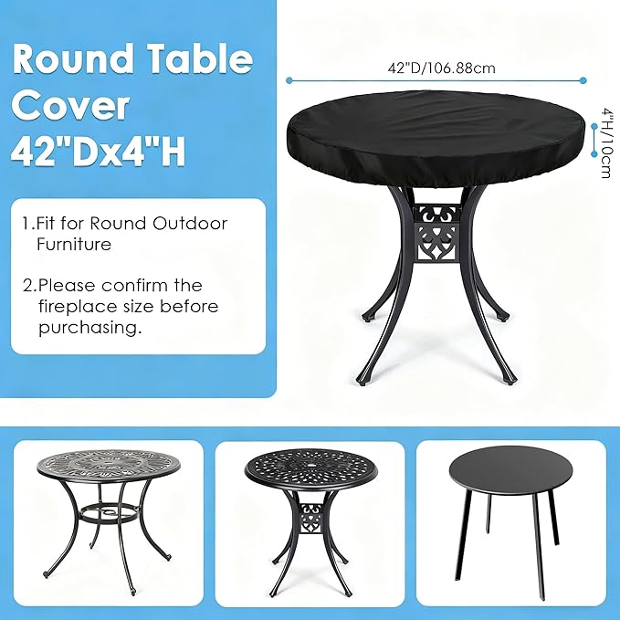 Round Outdoor Table Cover Waterproof Anti-UV Heavy Duty Round Patio Table Covers for Outdoor Furniture, Windproof Outdoor Patio Coffee & Dining Table & Table Top Cover Weatherproof Protector,42"D×4"H