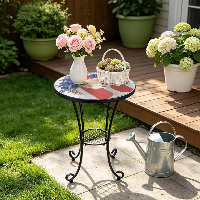 14 Inch Mosaic Patio Side Table with Scroll Legs, Indoor Outdoor Accent Round End Table with Ceramic Tile Tops for Yard, Garden, Living Room, Bistro, B - Red Hair Girl