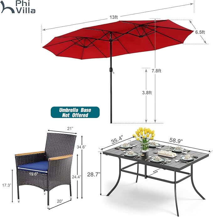 PHI VILLA 7pc Patio Dining Set w/Umbrella, Rectangular Table, Rattan Chairs | Outdoor Dining Set for 6, 60" Metal Table & 6 Cushioned Rattan Chairs with Red Umbrella for Outdoor, Deck, Yard, Porch