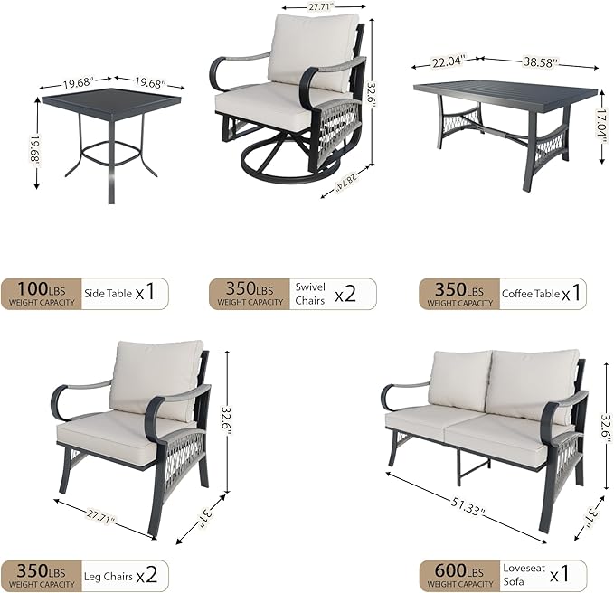 7 Pieces Patio Furniture Set, Metal Outdoor Conversation Sets with Swivel Chairs, Modern Couch Sofa Seating Group with Coffee Table and Side Table (Thick Beige Cushions)
