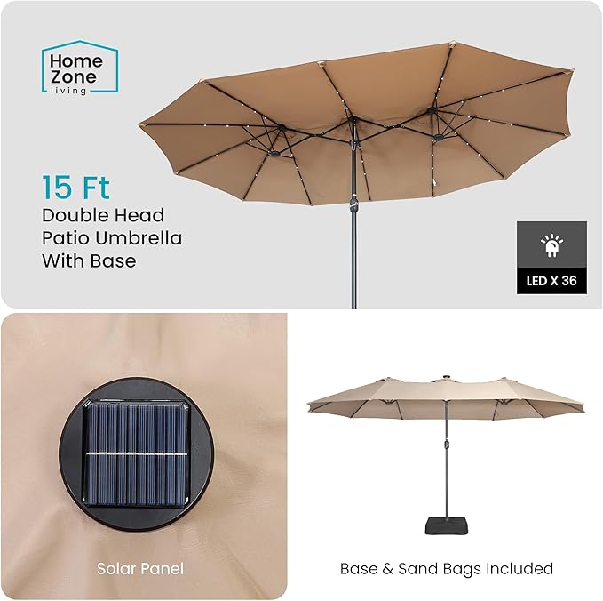 Home Zone Living 15x9 Ft Double Head Patio Umbrella with Base, 36 LED Lights, Sand Bags, UV Resistant & Waterproof, 213 LBS Total Weight, Beige Tan