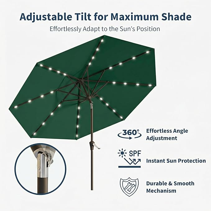 9FT Solar Umbrella 32 LED Lighted Patio Umbrella Table Market Umbrella w/Tilt and Crank, UV-Resistant Outdoor Umbrella for Pool, Garden, Deck, Forest Green