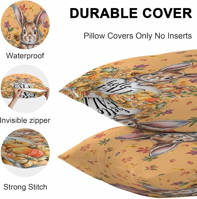 Thanksgiving Rabbit Outdoor Waterproof Pillow Covers, Orange Pumpkins Fall Leaves Flowers Decorative Square Throw Pillowcase Sofa Cushion Sham for Patio/Couch/Chair, 18"x18" 2 Pack