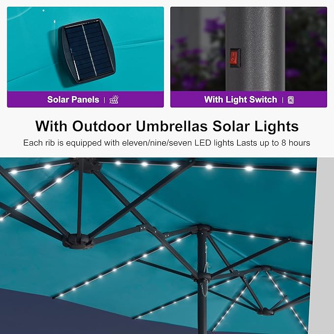 PURPLE LEAF 13ft Double-Sided Patio Umbrella with Solar Lights Outdoor Market Umbrella with Base and Crank Handle Table Umbrella for Backyard Pool Garden Deck, Turquoise