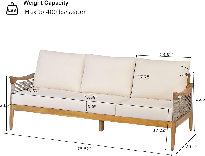 Merax 5-Piece Acacia Wood Patio Set with Rope Seats & Cushions | Teak-Finish Acacia Frame, Beige Woven Rope, Deep Seating Cushions And Coffee Table For Porch, Garden Or Backyard