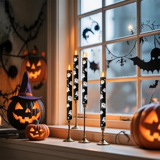 Eldnacele Flameless Flickering Taper Candles with Remote and Timer, Battery Operated Ghost Decal Real Wax Black LED Window Candles Set of 4 Fireplace Spooky Halloween Holiday Decor