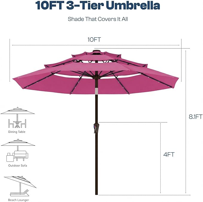 10ft 3-Tier Patio Umbrella with 32 Solar Powered LED Lights, Windproof Outdoor Market Umbrella for Deck, Poolside & Garden, Sturdy Push-Button Tilt Table Umbrella, Rose Pink