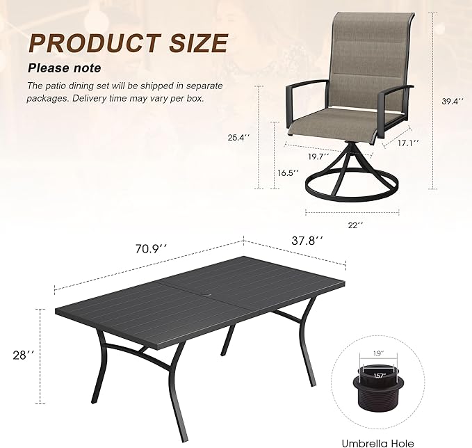VICLLAX 9 Pieces Outdoor Dining Set, Patio Furniture Set Includes 70" Rectangular Metal Table W/ 1.9" Umbrella Hole and 8 Padded Textilene Swivel Chairs for Porch, Lawn, Garden, Backyard