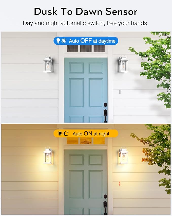 VIANIS White Exterior Garage Lighting Fixtures Wall Mount, 2 Pack Dusk to Dawn Sensor Outdoor Wall Lights for Porch, Modern Outside Lights for House, Outdoor Wall Sconces Lantern for Patio, Coach | Aluminum, Waterproof, Light Sensor, Outside Lights for...