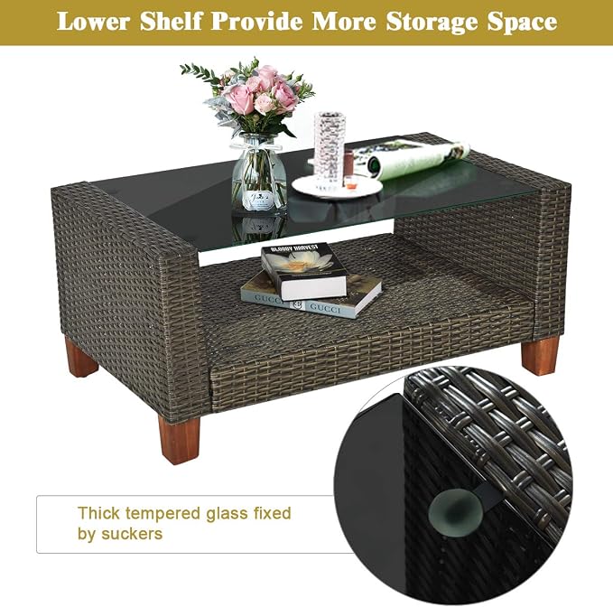 Tangkula 4 Piece Patio Rattan Furniture Set, Outdoor Wicker Conversation Set with Seat & Back Cushion,and Tempered Glass Coffee Table with Shelf, for Porch, Poolside, Backyard, Garden