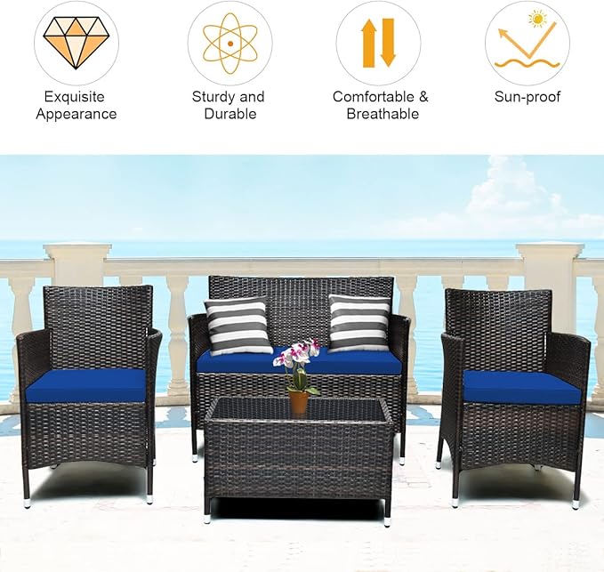 COSTWAY 8PCS Rattan Patio Furniture Set, Outdoor Wicker Rattan Chairs with Coffee Table, Rattan Cushioned Conversation Set for Backyard Balcony Porch Poolside, Navy