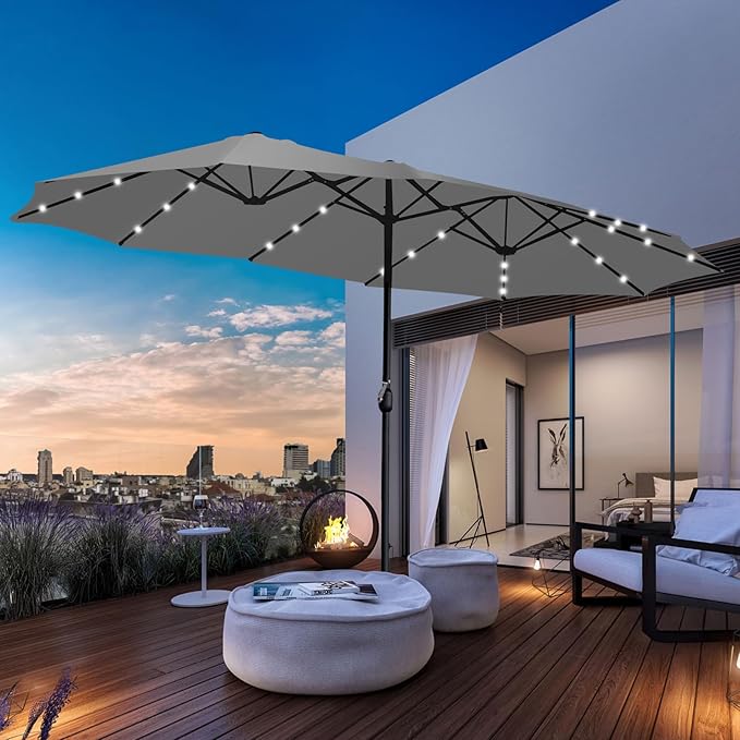 15ft Double Sided Patio Umbrella with Solar Lights, Outdoor Large Umbrellas with Crank Handle and 36 LED Lights, Rectangular Market Umbrella with Base Included for Deck Pool Shade (With Base)