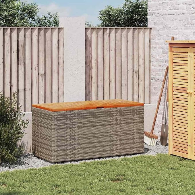 Modern Outdoor Storage Box with Seating, 19.7 x 43.3 x 21.3 Inches, PE Rattan and Acacia Wood Deck Box for Garden, Patio and Balcony
