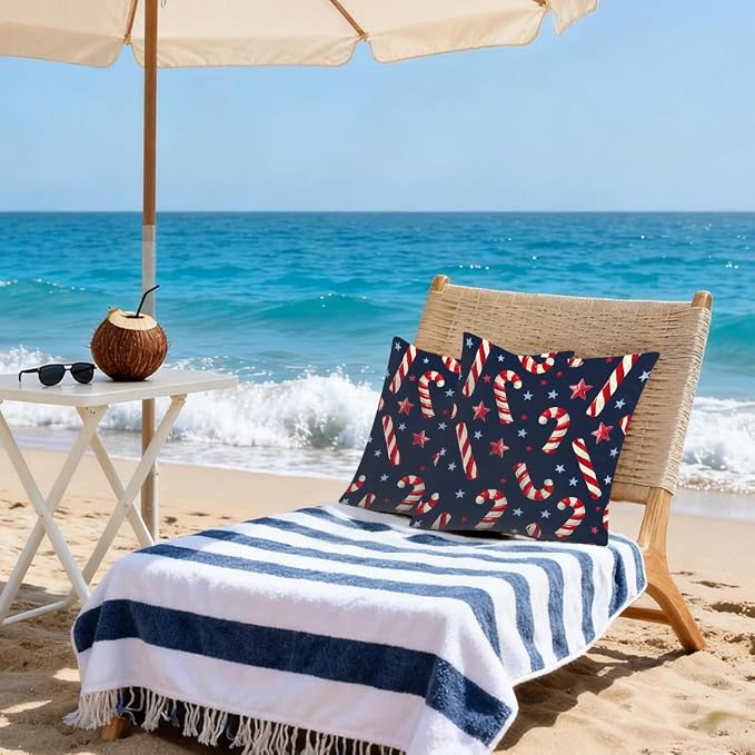18x18 Inch Outdoor Pillow Covers Set of 2 Waterproof Throw Pillow Covers Decorative Couch Cushion Covers Christmas Candy Star Square Pillowcases Protectors for Patio Garden Sofa