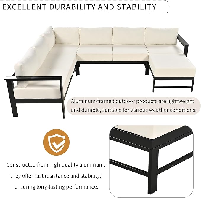 LUMISOL Patio Furniture Set, U-Shaped Outdoor Sofa Set for 6 Persons, All Weather Patio Conversation Set with Water Resistant Cushions for Garden, Backyards, Poolside, White