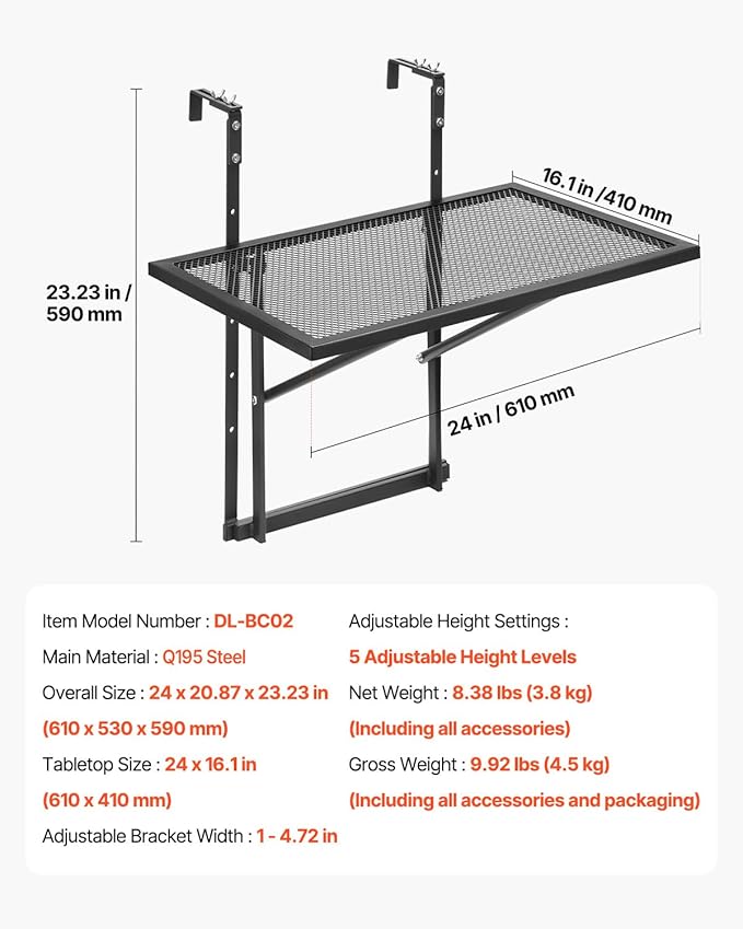 VEVOR Balcony Hanging Table, 24 x 16 inch Metal Folding Balcony Railing Table, 5-Level Adjustable, Fit Railing from 1" to 4.7", Serving for Outdoor Bar, Patio & Deck