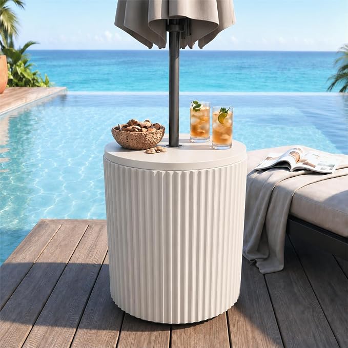 SUNBURY Umbrella Side Table, Outdoor Patio Table Round with Umbrella Hole for Porch, Base Outdoor Garden Stand for Patio Coffee, Picnic or Poolside Table, Easy Assembly, White