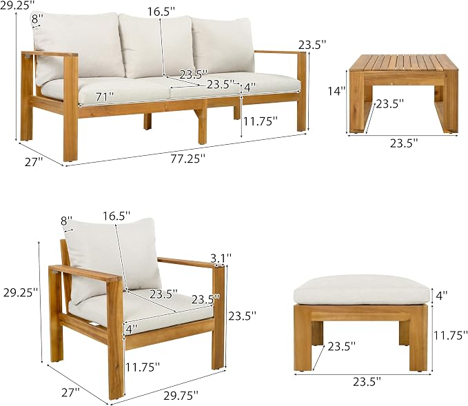 Virubi 4-Piece Acacia Sectional Patio Sofa Set, Water-Repellent Cushions, Transitional Style Outdoor Conversation Set with 3-Seater Sofa, Chair, Coffee Table & Ottoman