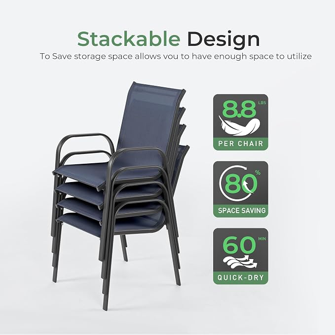 Outdoor Dining Set for 6, Patio Dining Set with Textilene Dining Chairs, Metal Dining Table with Umbrella Hole, Stackable Outdoor Chairs for Garden, Patio, Poolside and Backyard, Navy Blue
