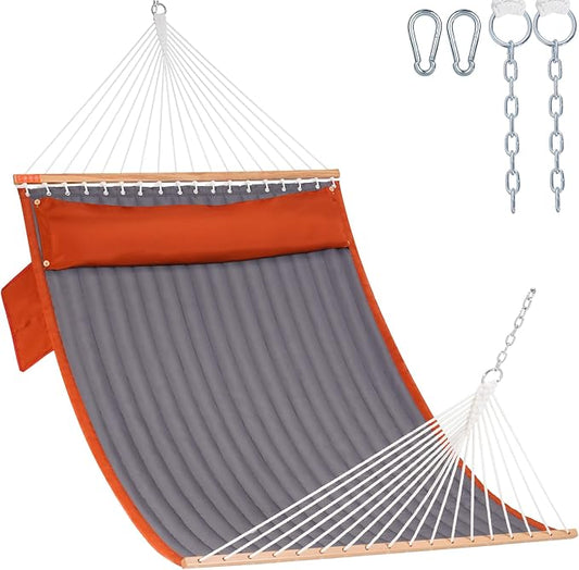 Lazy Daze Hammocks 2 Person Double Quilted Hammock with Spreader Bar, Detachable Pillow & Side Pocket, 450lbs Capacity for Patio Yard Garden Outdoor, Grey & Orange