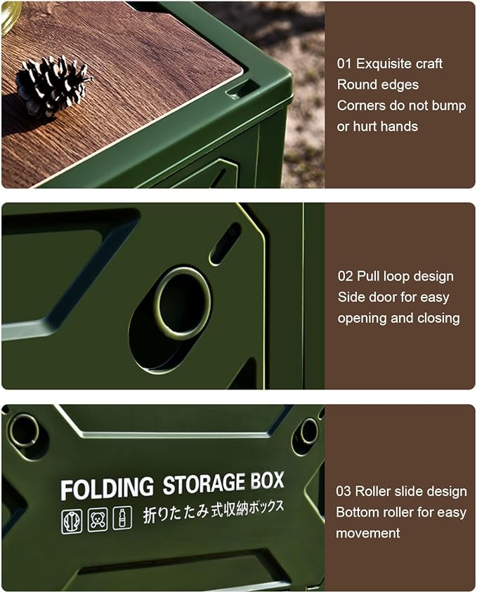 Tissting 30L 41cm/16.14in Collapsible Camping Storage Box with Wheels - 5-Side Opening Foldable Design for Outdoor Car Storage and Organization (Green)