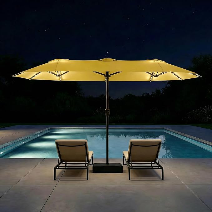 Large Patio Umbrella with Solar Lights and Base, Double-Sided Outdoor Rectangle Umbrella with 48 LED Lights, Market Table Umbrellas with UV Resistant Canopy