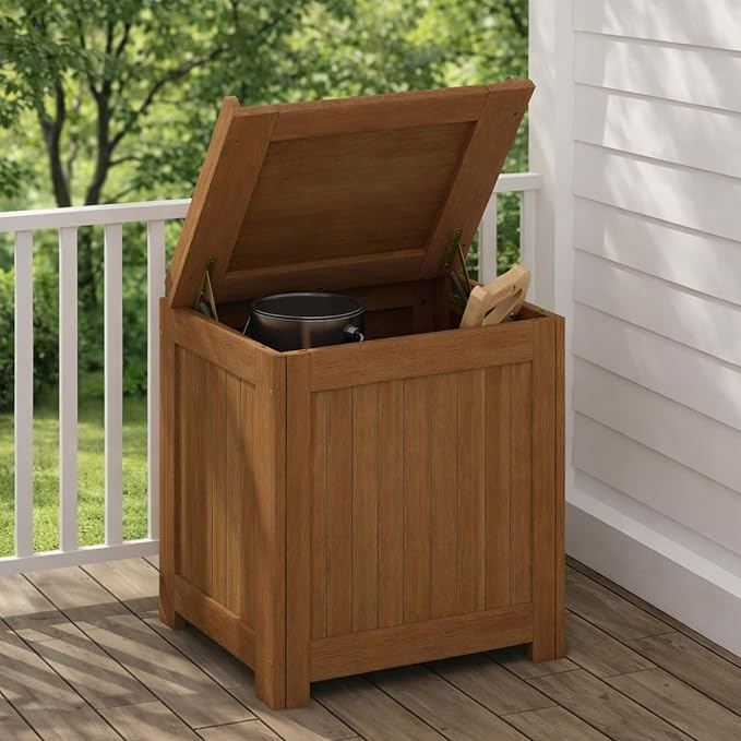 Furinno TIOMAN Wood Outdoor Storage Box, Wooden Patio Deck Box, Garden Backyard Tool Storage, 21 x 23.7 x 16.5, for Balcony, Porch, Light Wood
