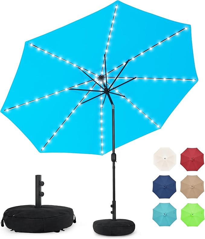 Sundale Outdoor Solar 80 LED 9 ft Patio Umbrella with Sand Bag Umbrella Base, Outdoor Umbrella with Tilt and Crank, Sky Blue
