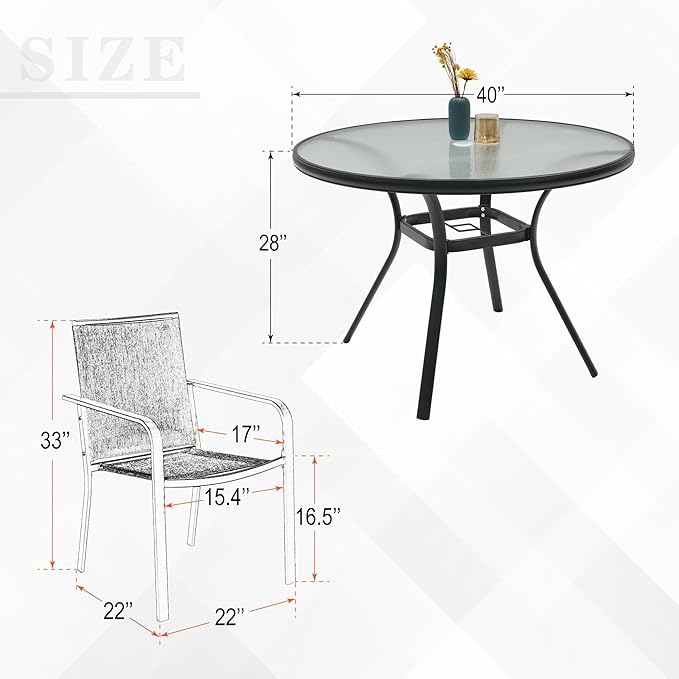 Anmutig 5-Piece Outdoor Patio Dining Set, 40 Inch Round Glass Table with 4 Stackable Chairs, Grey