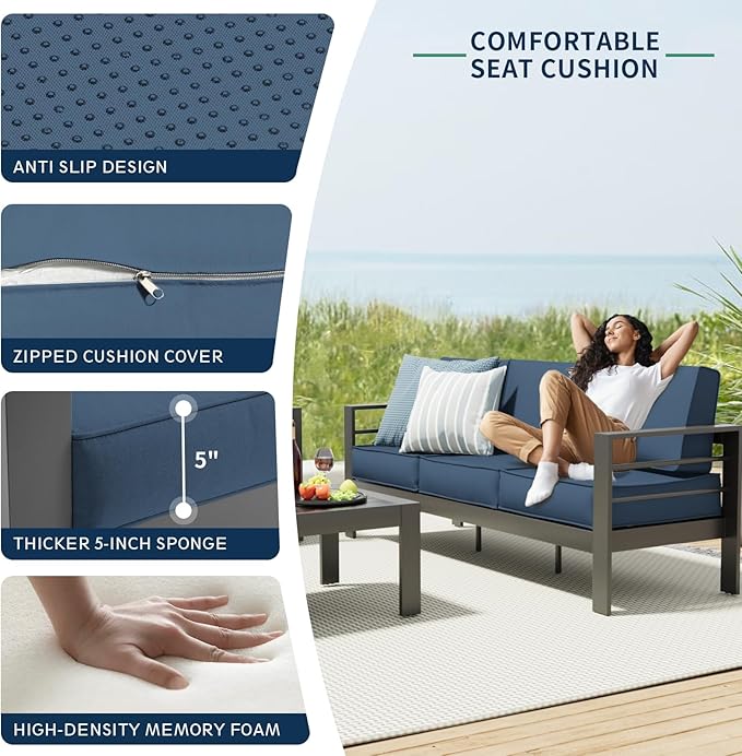 Amopatio Aluminum Patio Furniture, 8 Pieces Metal Outdoor Furniture Set, Modern Patio Sofa Sets Outdoor Sectional for Pool, Garden, Dark Grey&Blue (Included Waterproof Covers)