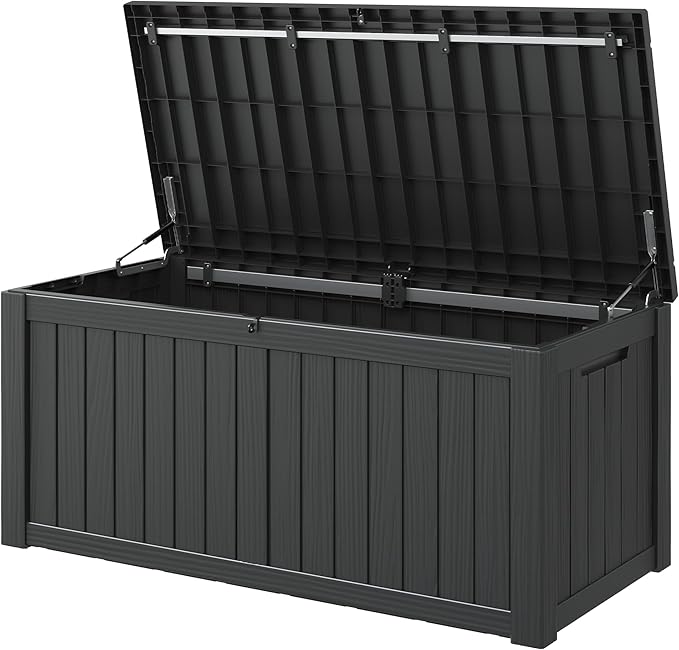 KAMABOKO Outdoor Storage Box, 150 Gallon Large Outdoor Resin Deck Box, Storage Waterproof Boxes Lockable Lid for Garden Tools, Pool Supplies, Patio Furniture and Cushions, Black