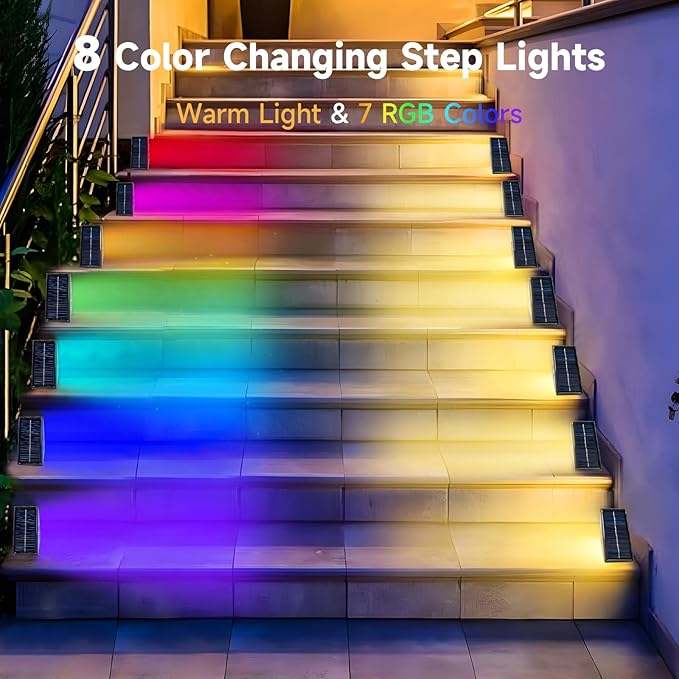 Solar Step Deck Lights Outdoor 6 Pack Solar Step Light, Waterproof Warm White/7 RGB Color Glow Solar Fence Lights for Patio Stairs Post Pathway Porch Driveway Garden Decor, BZ01